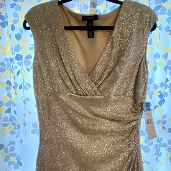 Chaps Size 8 Woman’s Dress. Sleeveless, Knee Length, V-neck. Color is Gold. - Picture 2 of 5